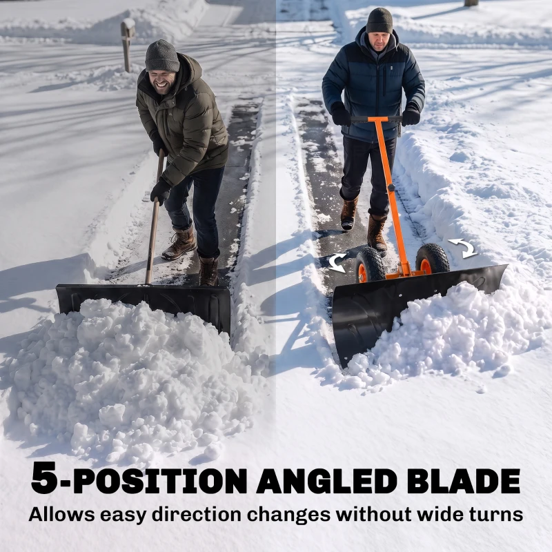Outsunny Snow Shovel, Rolling Pusher with 29" Blade, 10" Wheels & Angle-Adjustable Handle, Orange