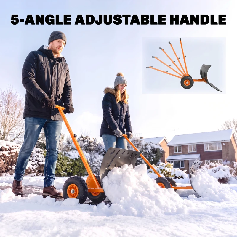 Outsunny Snow Shovel, Rolling Pusher with 29" Blade, 10" Wheels & Angle-Adjustable Handle, Orange
