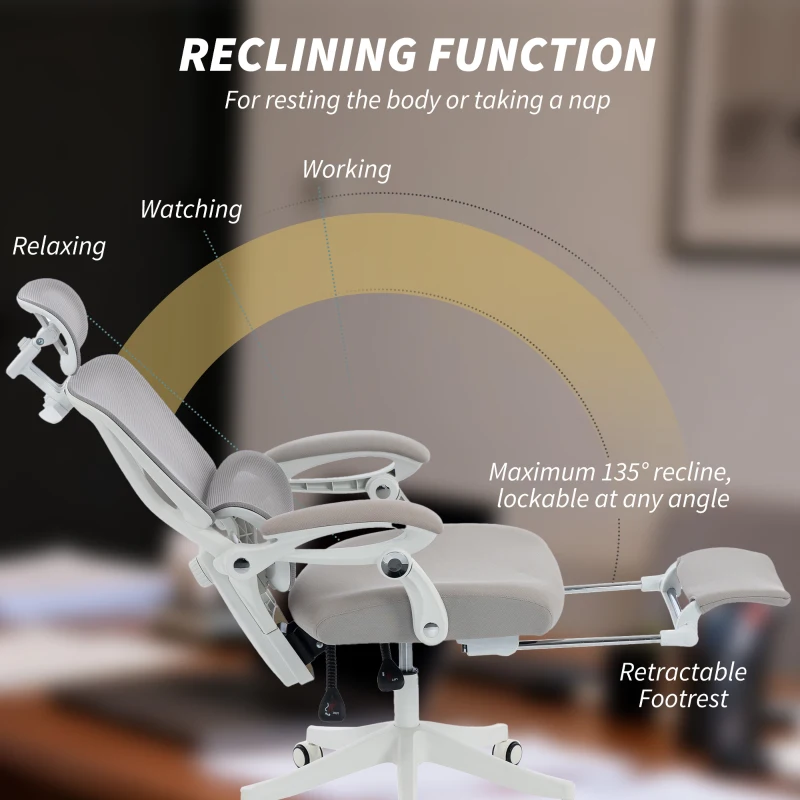 HOMCOM Mesh Desk Chair with Adjustable Headrest, Reclining Ergonomic Office Chair with Footrest, Light Grey