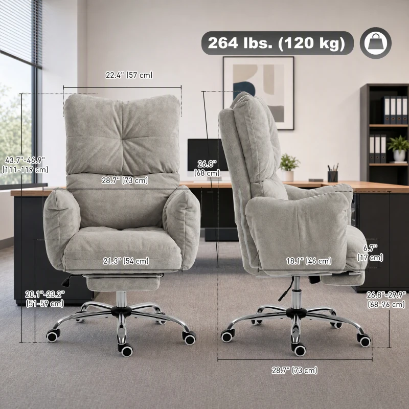 HOMCOM Office Chair with Foot Rest, Ergonomic Reclining Computer work Chair w/ Snow Flannel Fabric, Thick Cushion, Light Grey