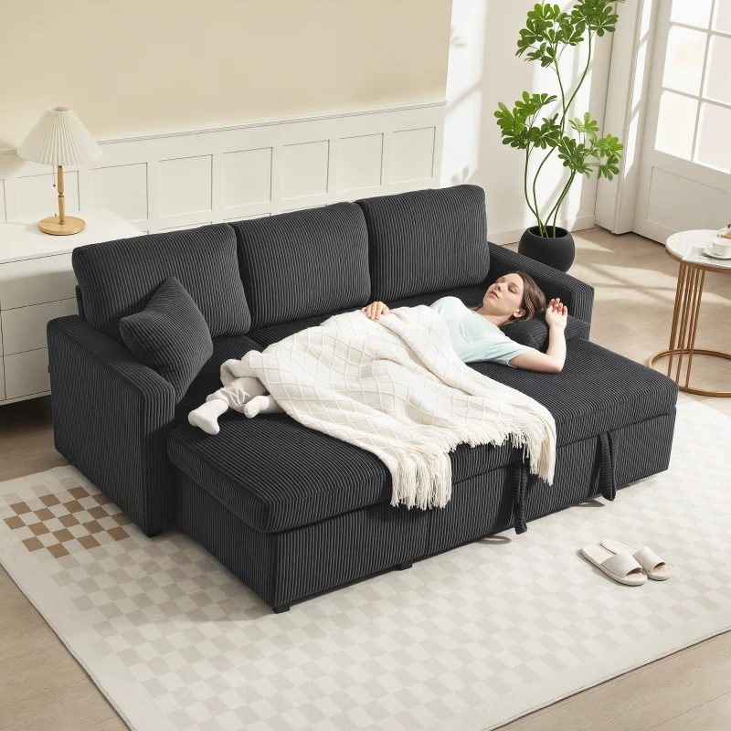 HOMCOM 81" Sofa Bed, 2 In 1 Pull Out Sleeper Sofa Bed with Storage, Corduroy Convertible Couch for Living Room, Dark Grey