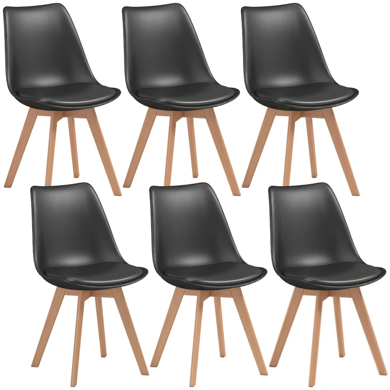 HOMCOM Modern Dining Table Chairs Set of 6, Rubber Wood Kitchen Table Chairs with PU Leather Cushion for Living Room, Bedroom