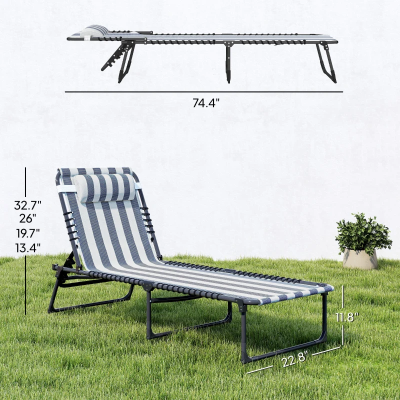 Outsunny 2 Folding Chaise Lounge Pool Chairs with 4-Position Reclining Back, Pillow, Breathable Mesh & Bungee Seat, Blue White