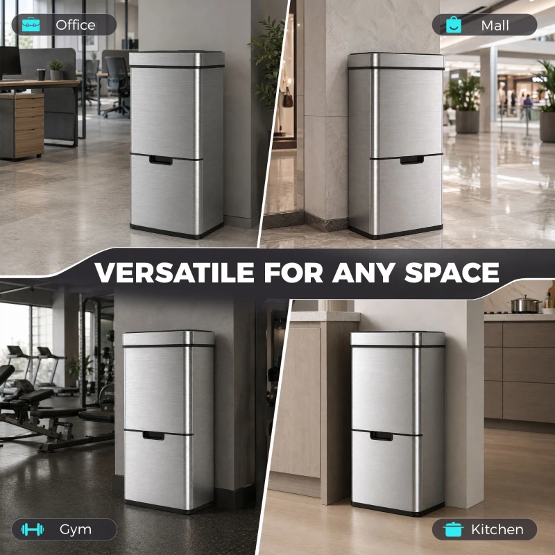 HOMCOM Sensor Trash Can, 19 Gallon Stainless Steel Kitchen Garbage Can with 3 Compartments, Removable Inner Buckets, Silver