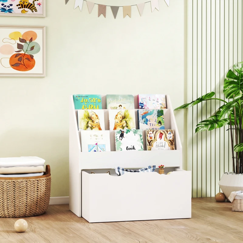 Qaba Kids Bookshelf with 3 Tier Display Shelves, Drawer for Nursery, White