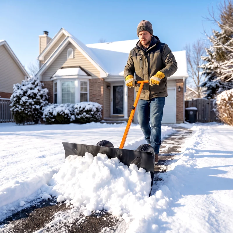 Outsunny Snow Shovel, Rolling Pusher with 29" Blade, 10" Wheels & Angle-Adjustable Handle, Orange