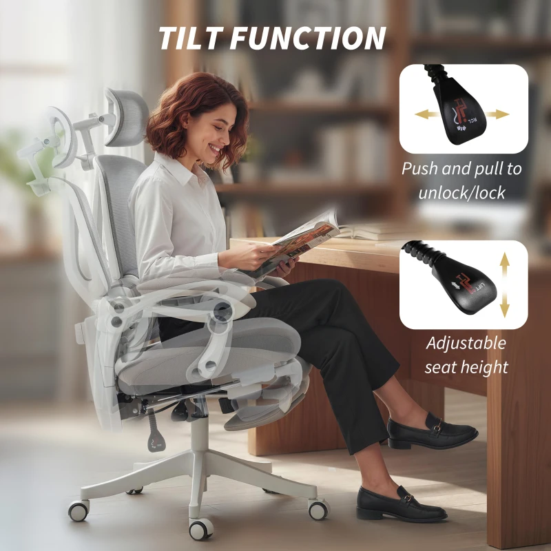 HOMCOM Mesh Desk Chair with Adjustable Headrest, Reclining Ergonomic Office Chair with Footrest, Light Grey