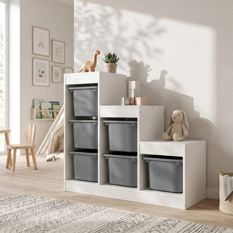 Qaba 3 Layers Kids Toy Storage Organizer with 6 Storage Bins, Kids Bookshelf for Ages 3-8 Years, Play Room, Bedroom, Gray