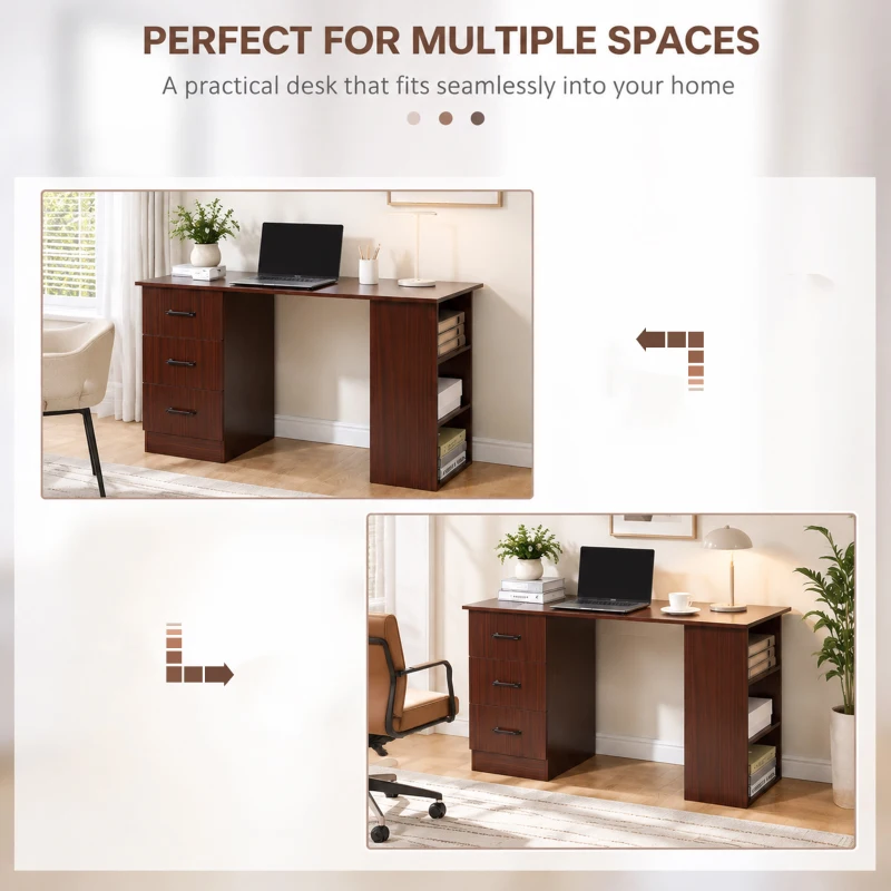HOMCOM Computer Desk, 47" Writing Table with 3-Tier Shelves and 3 Drawers for Home Office, Bedroom, Walnut