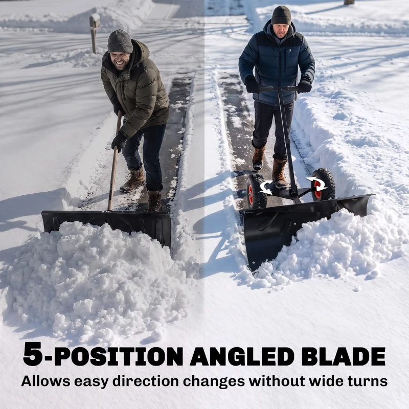 Outsunny Snow Shovel Rolling Pusher with 29" Blade, 10" Wheels & Angle-Adjustable Handle, Black