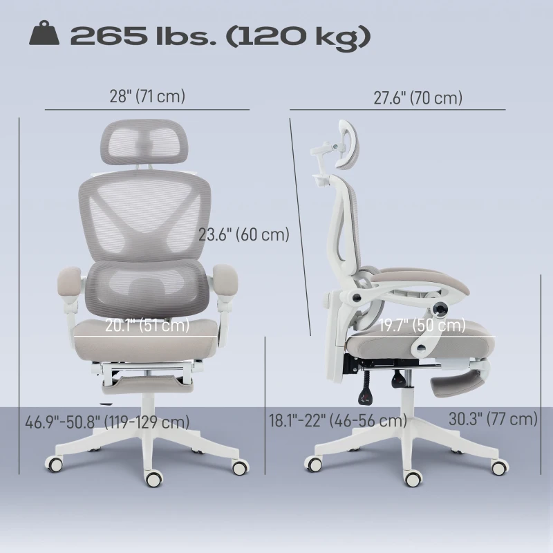 HOMCOM Mesh Desk Chair with Adjustable Headrest, Reclining Ergonomic Office Chair with Footrest, Light Grey