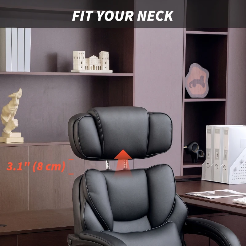 HOMCOM PU Leather Office Chair, Reclining Desk Chair with Footrest, Adjustable Headrest, Lumbar Support, Swivel Wheels, Black
