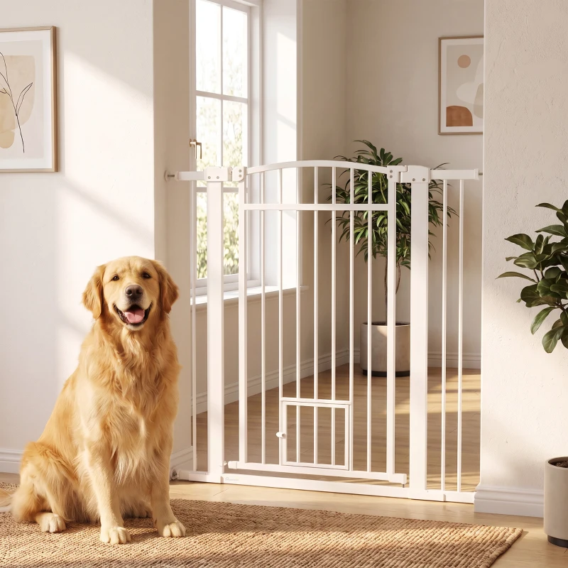 PawHut 30"-41" Extra Wide Walk Through Dog Gate w/ Cat Door, 3-Inch & 5.5-Inch Extension Kits, 42" High