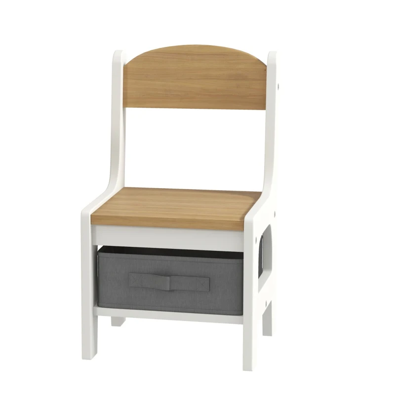 Qaba 3 Piece Kids Table and Chair Set with Reversible Tabletop, Blackboard, Storage, Bookshelf, for Playroom, Nursery Natural
