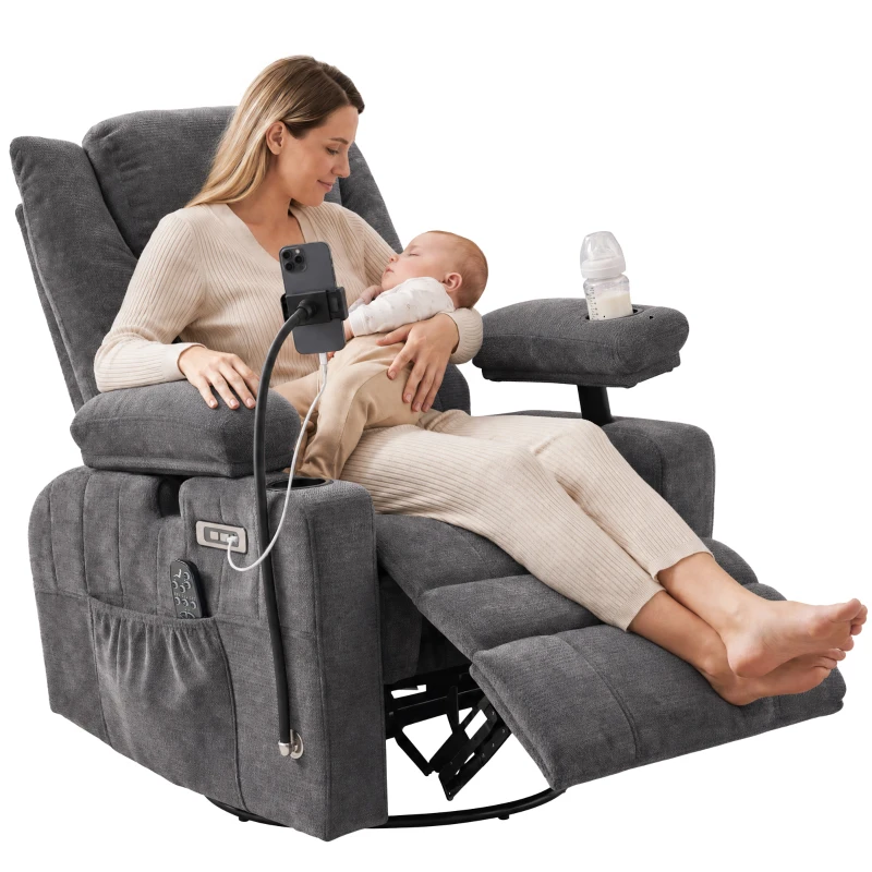 HOMCOM Swivel Rocker Power Recliner Chair with Massage Heat 2D Armrests Adjustable Headrest Phone Holder USB Port, Dark Gray