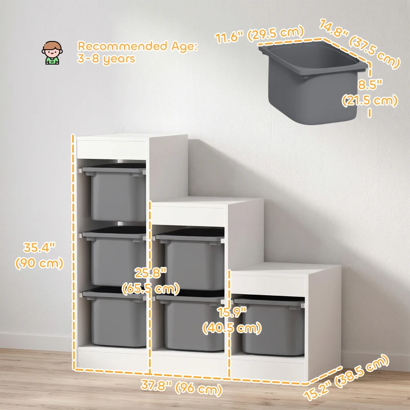 Qaba 3 Layers Toy Storage Organizer Kids Bookshelf Children Toy Storage w/ 6 Plastic Bins, Grey
