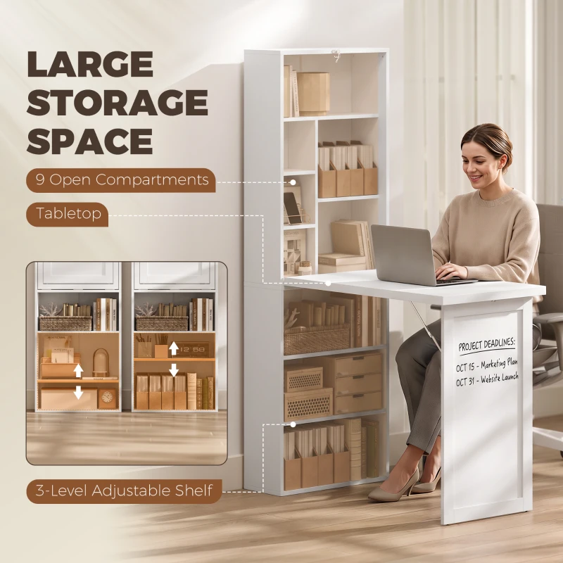 HOMCOM Fold-out Convertible Office Desk, Wall Mount Computer Desk with Whiteboard and Side Shelf, White