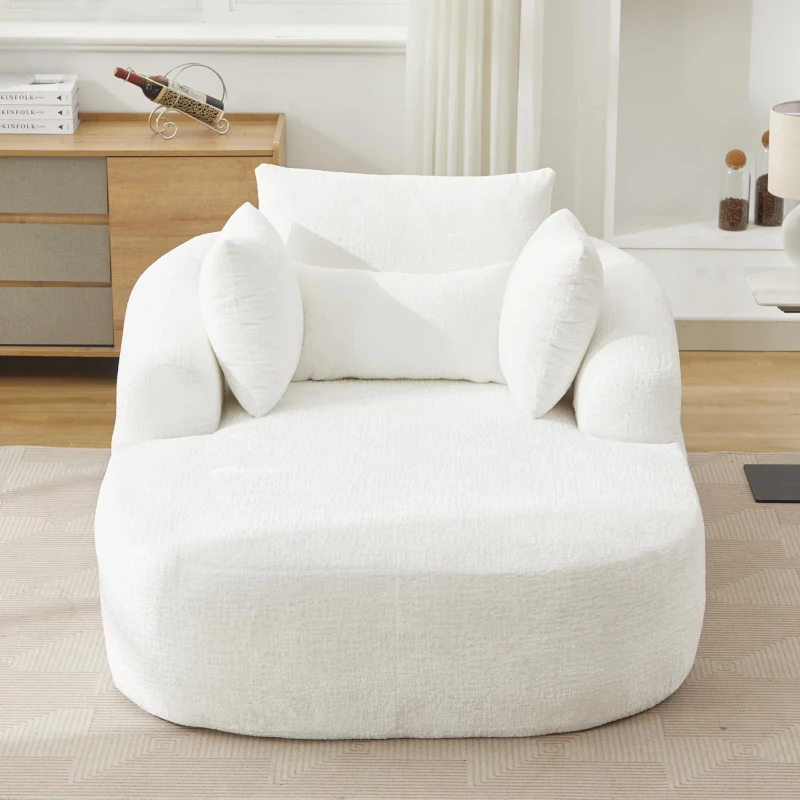 Plush Oversized Chaise Lounge with Deep Seat and Pillows, Versatile Sleeper Sofa with Corduroy and Armrests, 57.5'' L x 51.5" W x 32" H, White