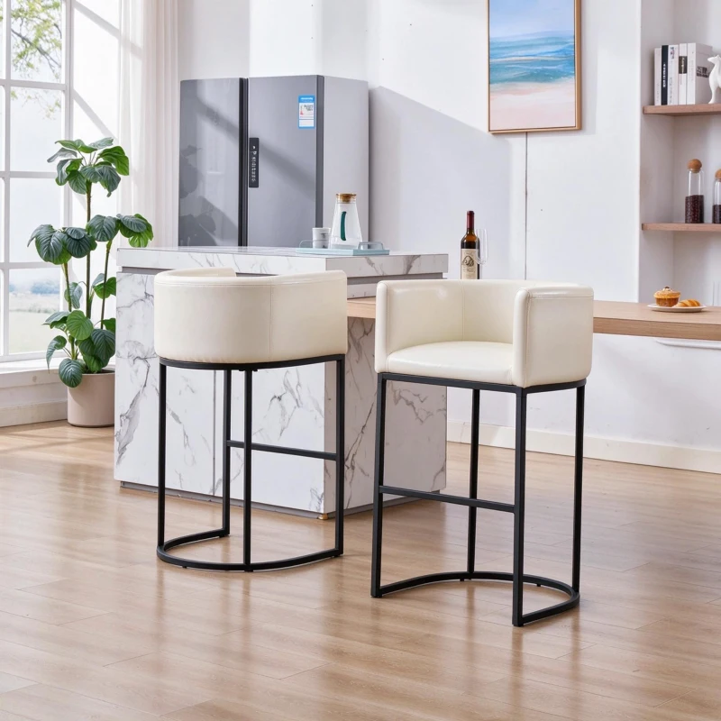 Elegant Set of 2 Counter-Height Bar Stools with PU Leather, Comfortable Kitchen Chairs with Armrests and Footrests, 22'' L x 20" W x 36" H, Beige