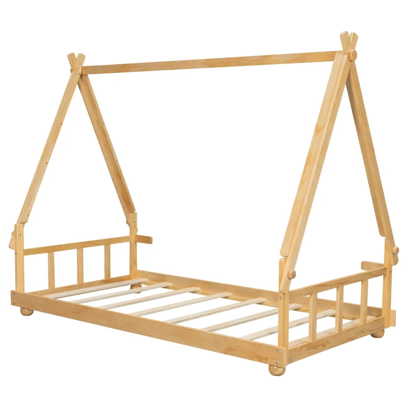 Whimsical Twin House Bed with Detachable Tent and Skylight, Sturdy Kids Wooden Platform Bed with 8 Slats, 79.5" L x 41" W x 63" H, White
