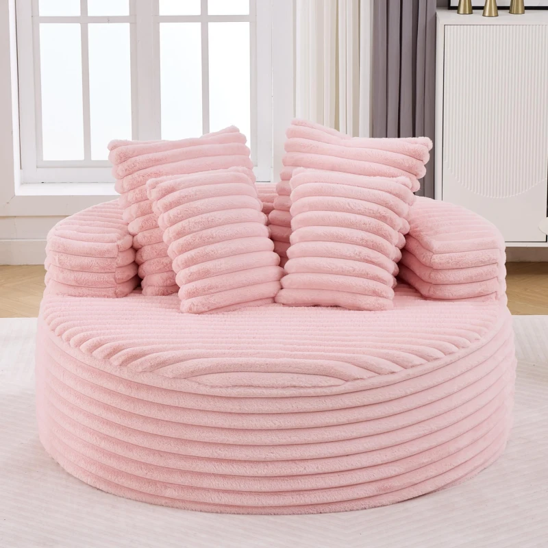 Plush Oversized Round Lounge Chair with Segmented Backrest, Velour Sofa with 4 Pillows and No Assembly, 54.5'' L x 54.5" W x 33" H, Pink