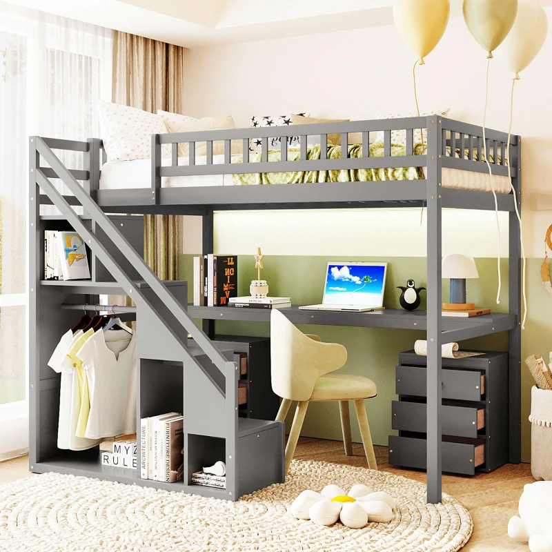 Modern Twin Loft Bed with Desk and Side Staircase, Space-Saving Storage Bed with 2 Drawers and LED Light, 79" L x 59.5" W x 68" H, Gray