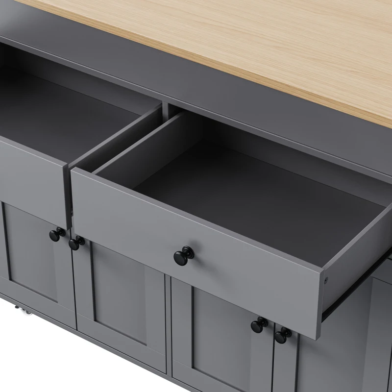 Chic Rolling Kitchen Island with Extendable Dining Table, Space-Saving Storage Cart with 4 Doors and 2 Drawers, 74.5" L x 19.5" W x 36" H, Grey