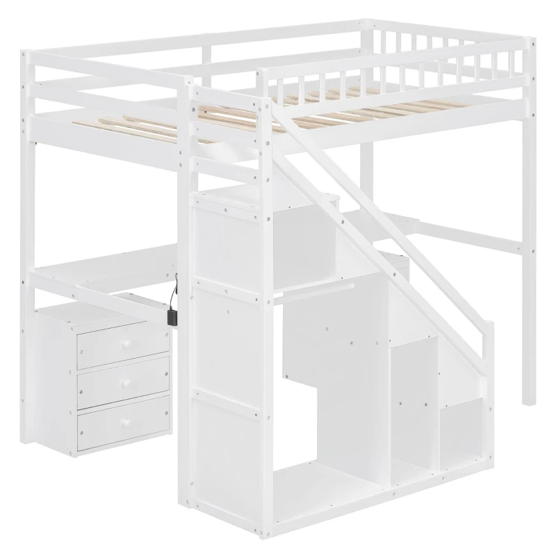 Chic Twin Loft Bed with Desk and 7-Color LED Lights, Space-Saving Storage Bed with 2 Drawers and Stairs, 79" L x 59.5" W x 68" H, White