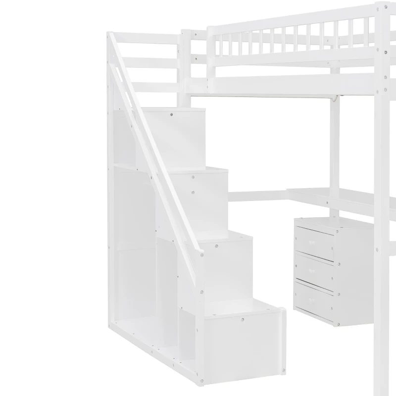 Chic Twin Loft Bed with Desk and 7-Color LED Lights, Space-Saving Storage Bed with 2 Drawers and Stairs, 79" L x 59.5" W x 68" H, White
