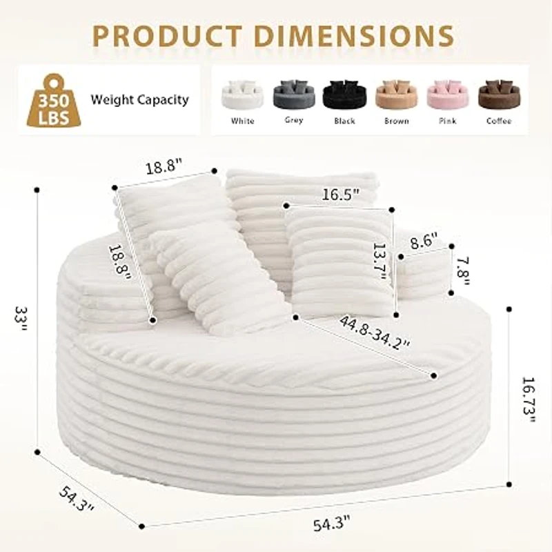 Plush Oversized Round Lounge Chair with Segmented Backrest, Velour Sofa with 4 Pillows and No Assembly, 54.5'' L x 54.5" W x 33" H, White