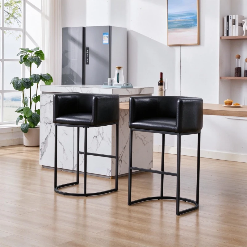 Elegant Set of 2 Counter-Height Bar Stools with PU Leather, Comfortable Kitchen Chairs with Armrests and Footrests, 22'' L x 20" W x 36" H, Black