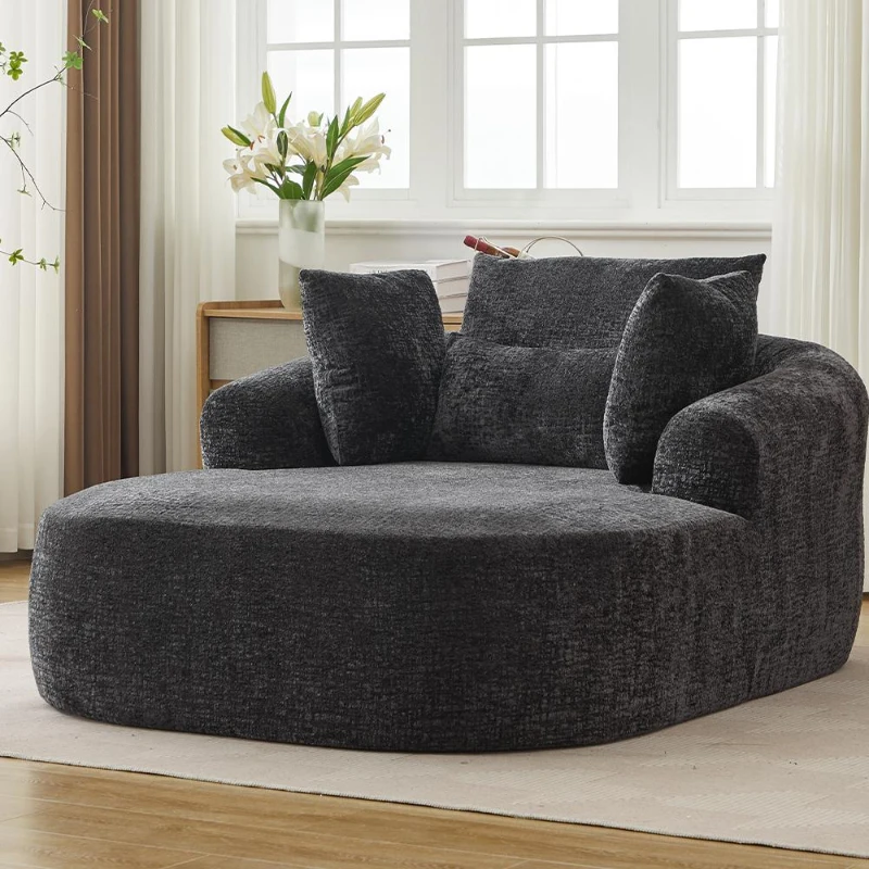 Plush Oversized Chaise Lounge with Deep Seat and Pillows, Versatile Sleeper Sofa with Corduroy and Armrests, 57.5'' L x 51.5" W x 32" H, Grey
