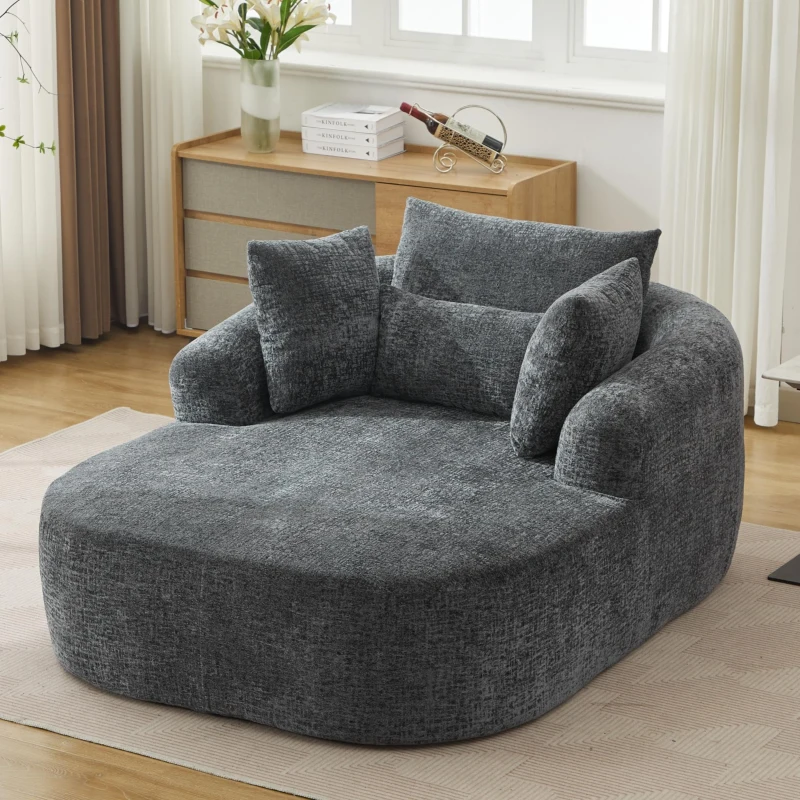 Plush Oversized Chaise Lounge with Deep Seat and Pillows, Versatile Sleeper Sofa with Corduroy and Armrests, 57.5'' L x 51.5" W x 32" H, Grey