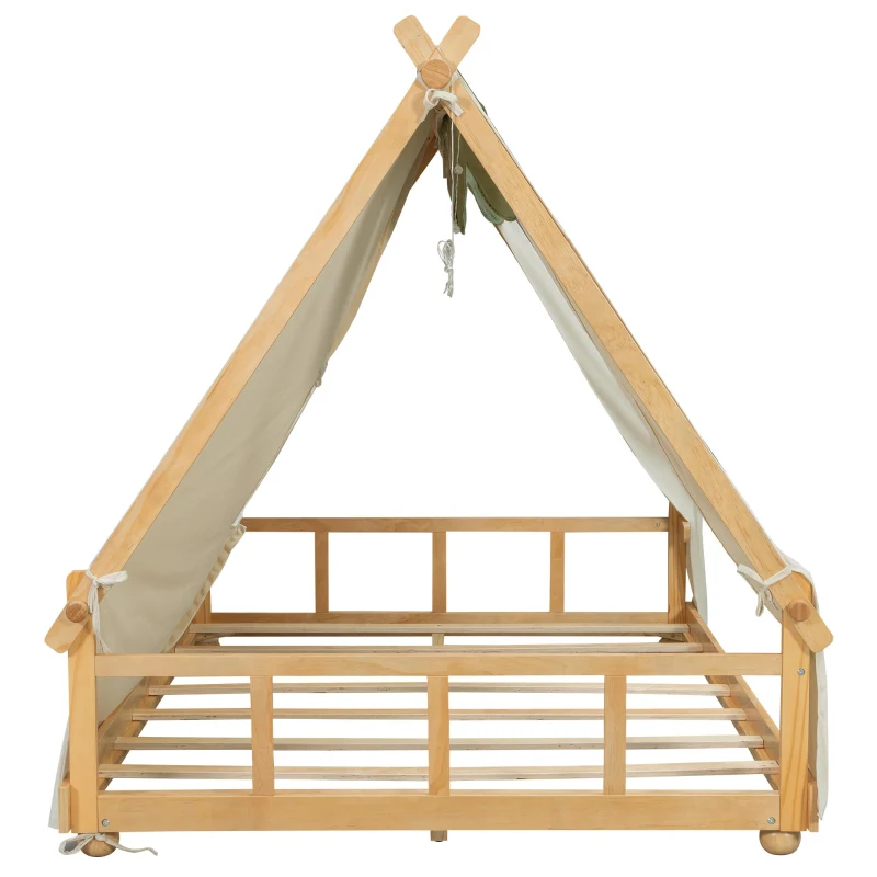 Modern Full-Size House Bed with Detachabl Tent, Sturdy Wooden Platform Bed with Skylight and 8 Slats, 79.5" L x 57.5" W x 63" H, White