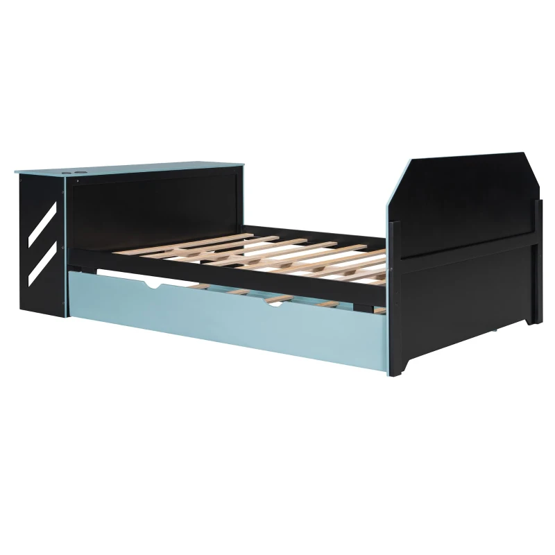 Sleek Full-Size Daybed with Twin Trundle and Desk, Modern Gaming Bed with USB Port and Cable Management, 92" L x 58" W x 35.5" H, Blue