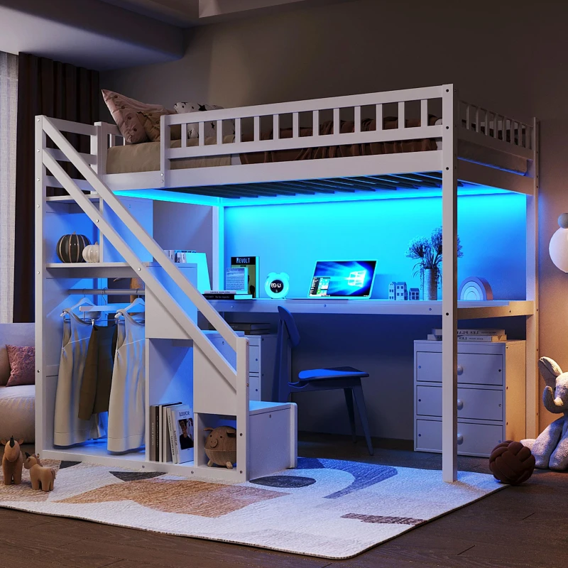 Chic Twin Loft Bed with Desk and 7-Color LED Lights, Space-Saving Storage Bed with 2 Drawers and Stairs, 79" L x 59.5" W x 68" H, White