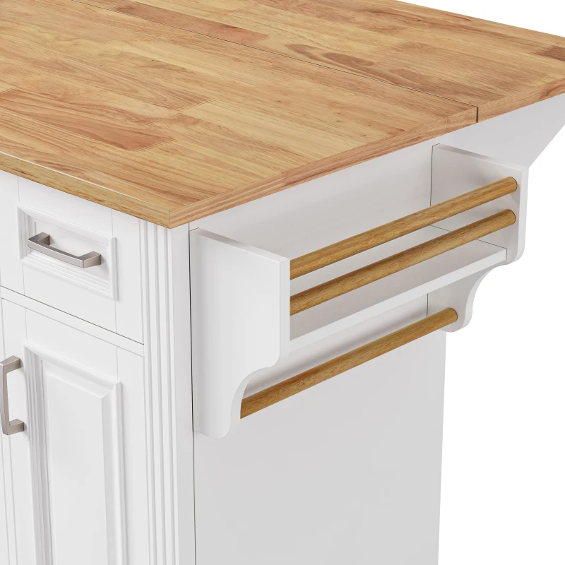 Farmhouse Rolling Kitchen Island with Rubberwood Drop Leaf, Spacious Storage Cart with 4 Doors and 3 Drawers, 54" L x 29.5" W x 36" H, White