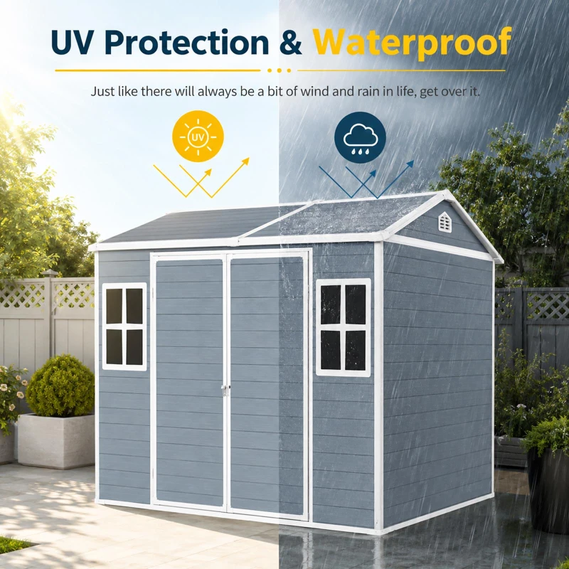 Resin Outdoor Storage Shed with Two Air Vents and Built-In Floor, Durable Garden Shed for Patio and Backyard, 96" L x 75" W x 85" H, Grey