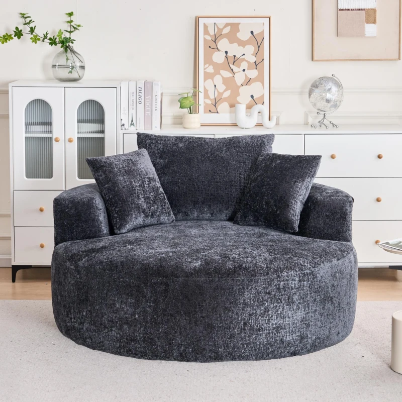 Fluffy Sleeper Chair with Plush Corduroy Fabric and Cylindrical Pillow, Soft Modular Lounge Sofa for Living Room, 54.5" L x 54.5" W x 33" H, Black