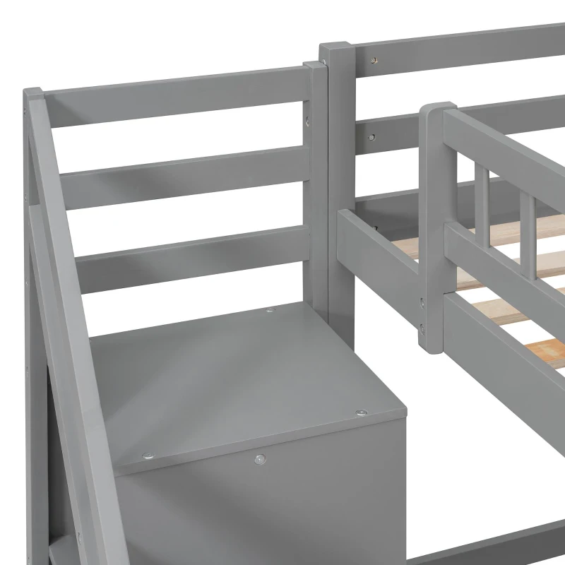 Modern Twin Loft Bed with Desk and Side Staircase, Space-Saving Storage Bed with 2 Drawers and LED Light, 79" L x 59.5" W x 68" H, Gray