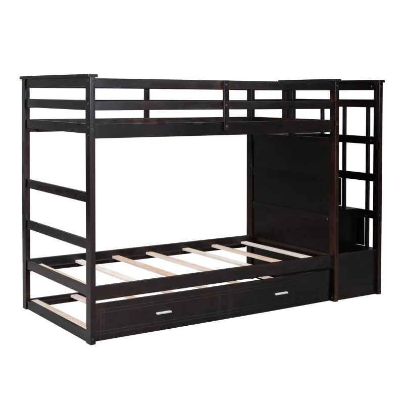 Elegant Twin-over-Twin Bunk Bed with Trundle and 4 Storage Drawers, Sturdy Bed with Staircase and Slat Kit, 97" L x 42.5" W x 65.5" H, Espresso