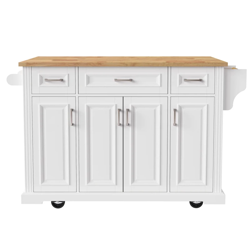 Farmhouse Rolling Kitchen Island with Rubberwood Drop Leaf, Spacious Storage Cart with 4 Doors and 3 Drawers, 54" L x 29.5" W x 36" H, White