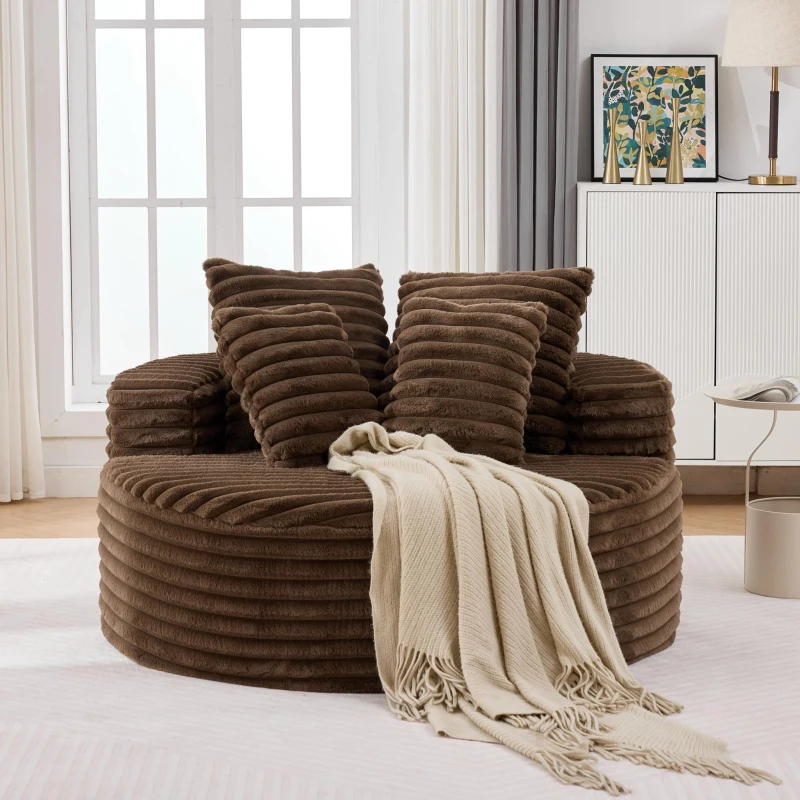 Plush Oversized Round Lounge Chair with Segmented Backrest, Velour Sofa with 4 Pillows and No Assembly, 54.5'' L x 54.5" W x 33" H, Brown