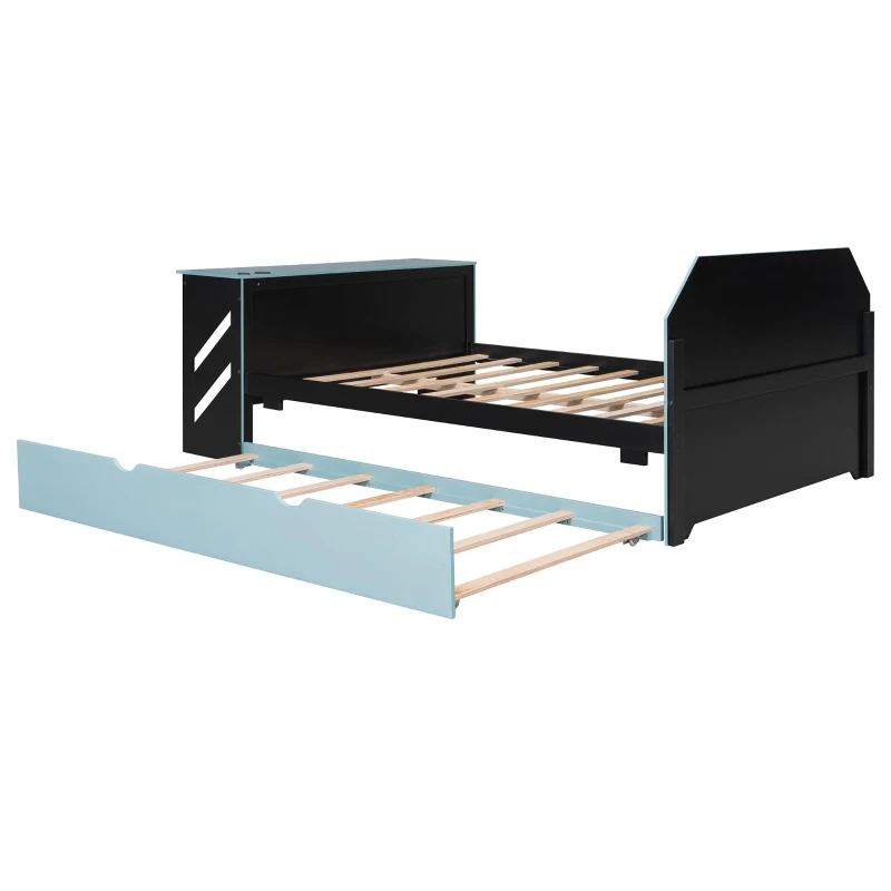 Sleek Full-Size Daybed with Twin Trundle and Desk, Modern Gaming Bed with USB Port and Cable Management, 92" L x 58" W x 35.5" H, Blue