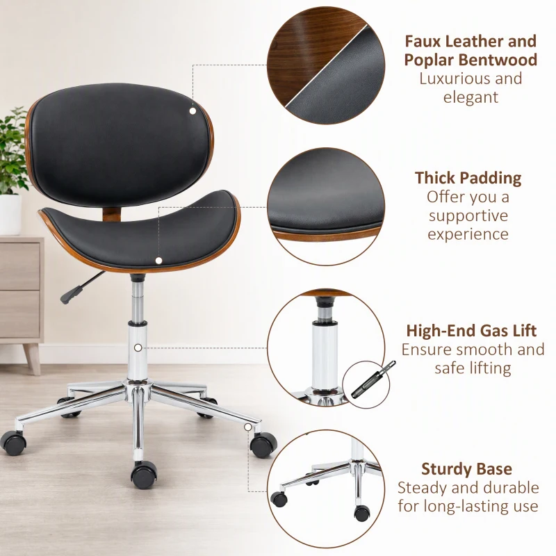 Vinsetto Chair, Faux Leather and Bentwood Computer Desk Chair with 360 Degree Swivel Wheels, Black