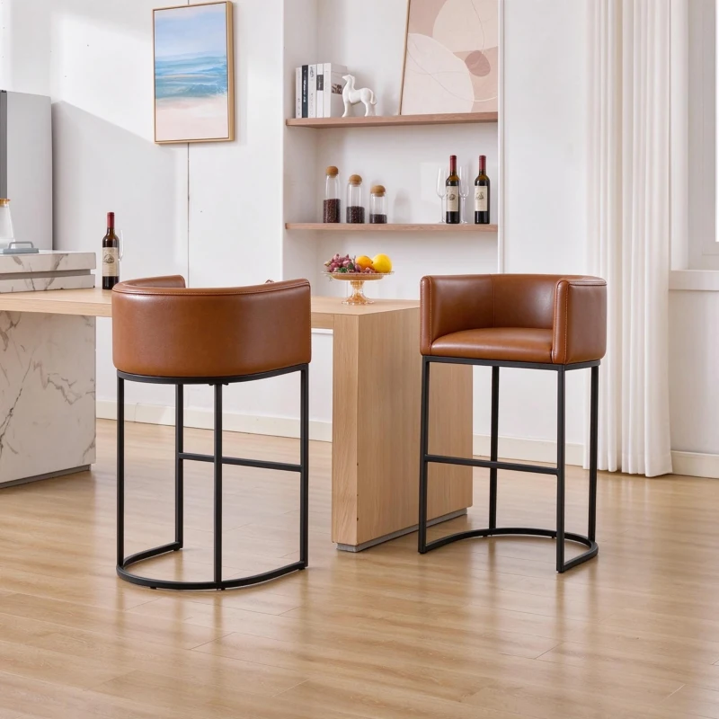 Elegant Set of 2 Counter-Height Bar Stools with PU Leather, Comfortable Kitchen Chairs with Armrests and Footrests, 22'' L x 20" W x 36" H, Brown