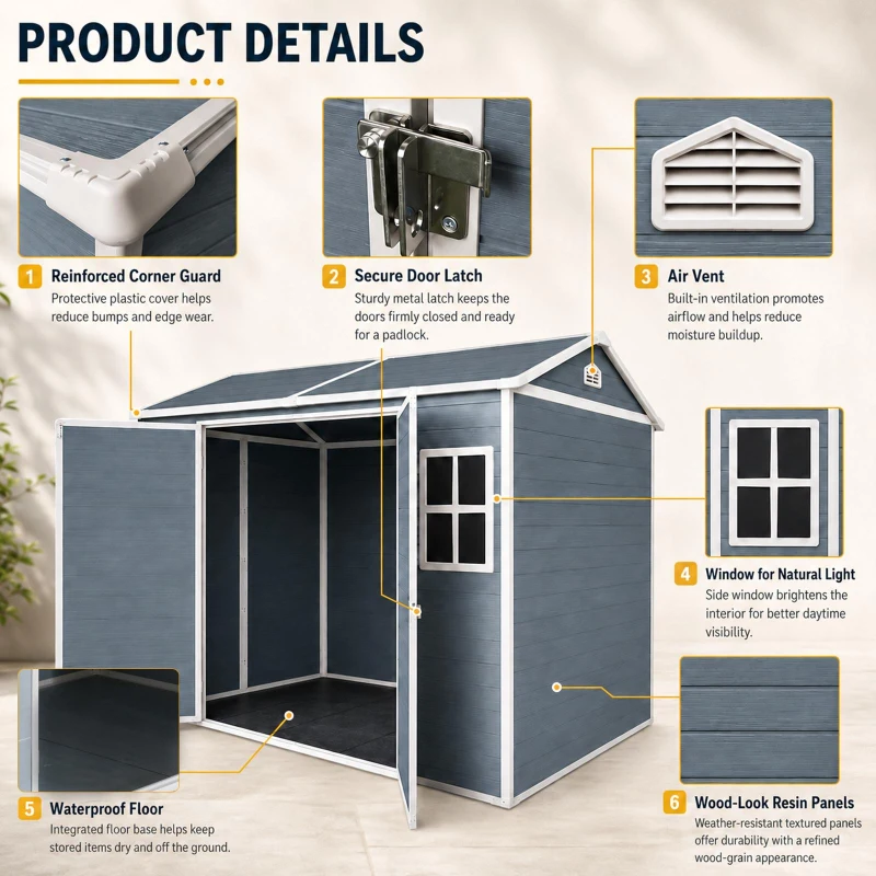 Resin Outdoor Storage Shed with Two Air Vents and Built-In Floor, Durable Garden Shed for Patio and Backyard, 96" L x 75" W x 85" H, Grey