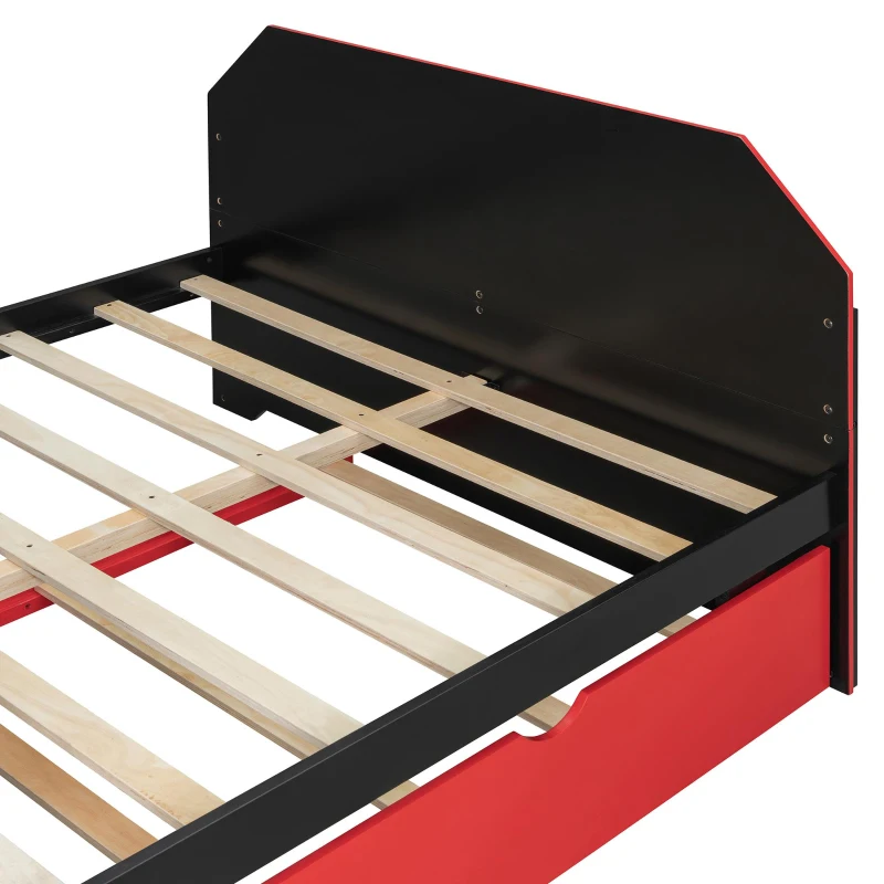 Sleek Full-Size Daybed with Twin Trundle and Desk, Modern Gaming Bed with USB Port and Cable Management, 92" L x 58" W x 35.5" H, Red