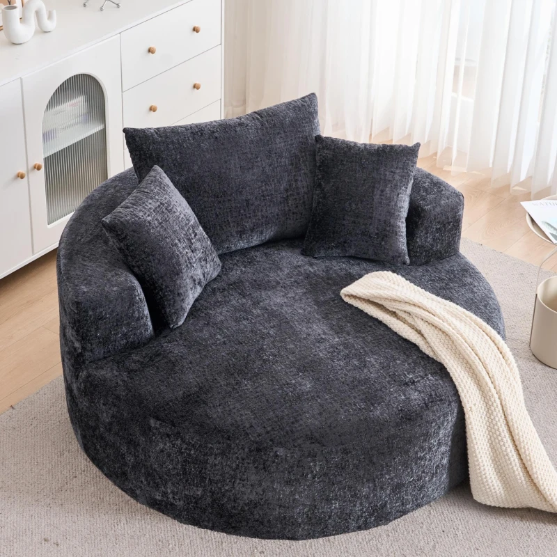 Fluffy Sleeper Chair with Plush Corduroy Fabric and Cylindrical Pillow, Soft Modular Lounge Sofa for Living Room, 54.5" L x 54.5" W x 33" H, Black