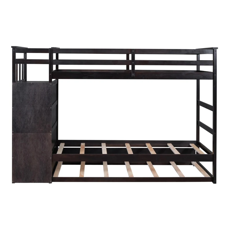 Elegant Twin-over-Twin Bunk Bed with Trundle and 4 Storage Drawers, Sturdy Bed with Staircase and Slat Kit, 97" L x 42.5" W x 65.5" H, Espresso